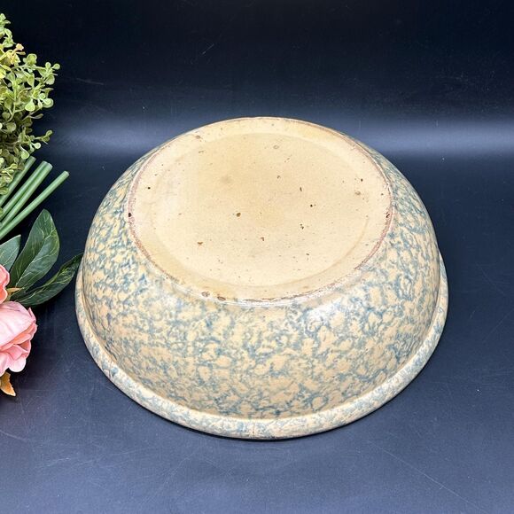 Blue Sponge Ware Decorated Yellow Ware Mixing Bowl 19th Century - Picture 2 of 5